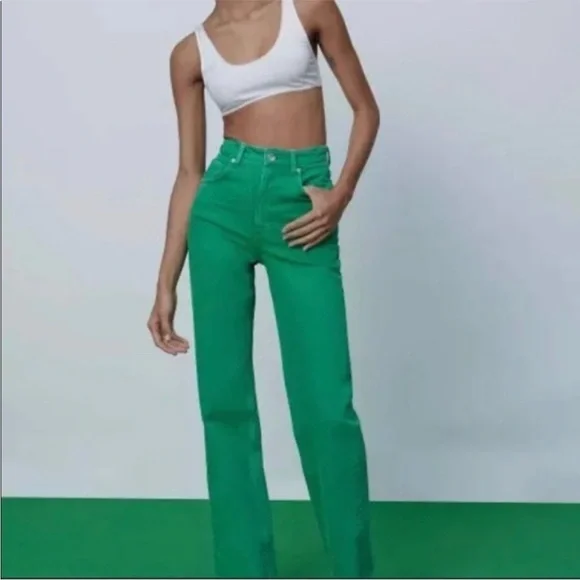 Zara Bloggers Favourite Brat Balletcore High Waisted Wide Leg Jeans Green Size 4 - Picture 6 of 16